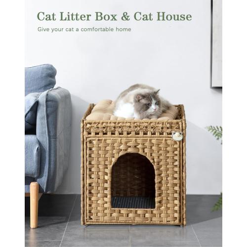 18.5 x 20.5 x 19.1 Cat Litter Box Enclosure Furniture, Hidden Litter Box with Mat and Fence, Handwoven Rattan Cat House with Two S-Shaped Hooks for Living Room, Bedroom, 18.5 x 20.5 x 19.1 Inches (Natural)