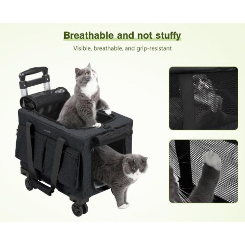 DARK GREY Pecute Cat Carrier with Wheels,Steel Wire Frame Cat Carrier, Stable Pet Trolley Bag for Cats, Pet Handbag and Stroller, Portable Cat Carrier Bag for Car Travel Bus Subway, Dark Grey