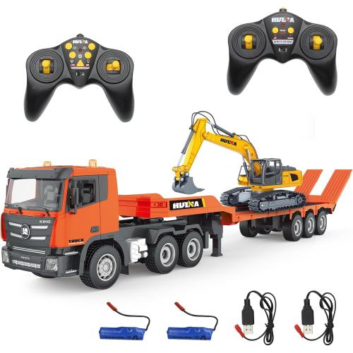 Set of 2 Fistone RC Semi Truck & Excavator Toy Set, 2.4Ghz Remote Control Flatbed Truck with Excavator Toys, 1:24 RC Semi-Trailer Engineering Tractor with Sound and Lights, Construction Vehicles Toy for Boys