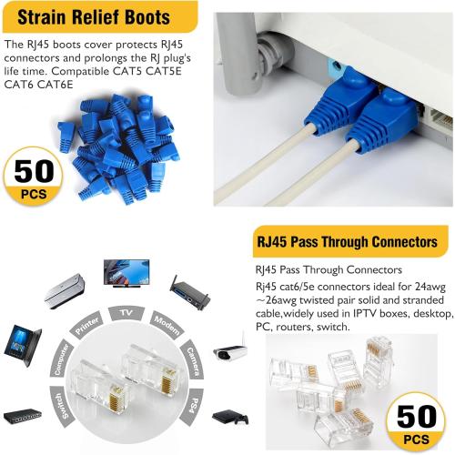 Yellow Wakhow RJ45 Crimp Tool Kit, Ethernet Pass Through Crimper, Network Cat5 Cat6 Cat7 Crimping Tool Repair Kit Includes Cable Tester, Mini Stripper, Blades, 50Pcs Connectors and Strain Relief Boots