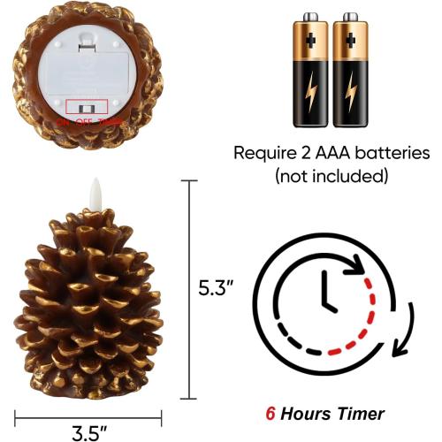 Homemory 2 Pcs Flameless Pine Cone Candle, LED Candles with 6H Timer, Real Wax Battery Operated Candles for Fireplace Decor, Holiday Indoor Decoration,Brown(D3.5 x H5.3 Inch)