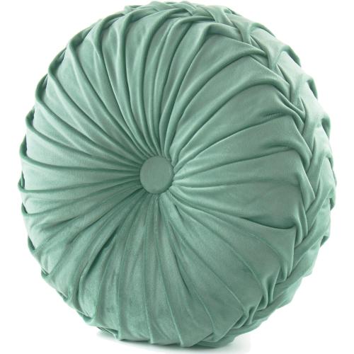Round Throw Pillow Velvet Home Decoration Soft Pleated Pumpkin Round Floor Cushion for Couch Chair Bed Car Decorative (Light Green14inch)