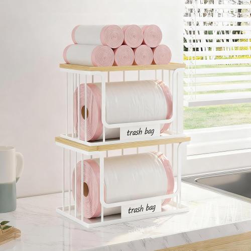 1 Pack Trash Bag Holder, Stackable Garbage Bag Dispenser Under Sink with Bamboo Top & Metal Base for Kitchen Countertop Organization and Storage, Laundry, Pantry Organizer (White, 9.7 × 5.5 × 6.3)
