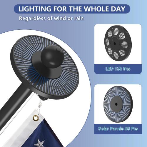 Upgraded 10 Gauge 20FT Heavy Duty Flag Pole Kit with 136 LED Solar Light, Extra Thick Flagpole for Outside House in Ground, Bottom 3 mm Thick & Width 3.35 in, 120MPH Wind Rated