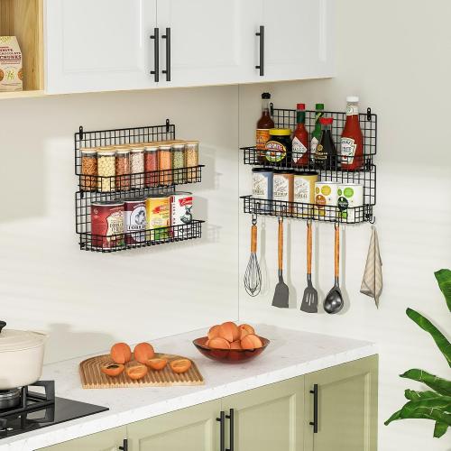 X-cosrack Upgraded Foldable Large 4 - Tier Wall Mounted Spice Rack Organizer, Stackable Storage with 5 Hooks, Holds 80 Jars for Kitchen Pantry Organization (Patent:D909138S)