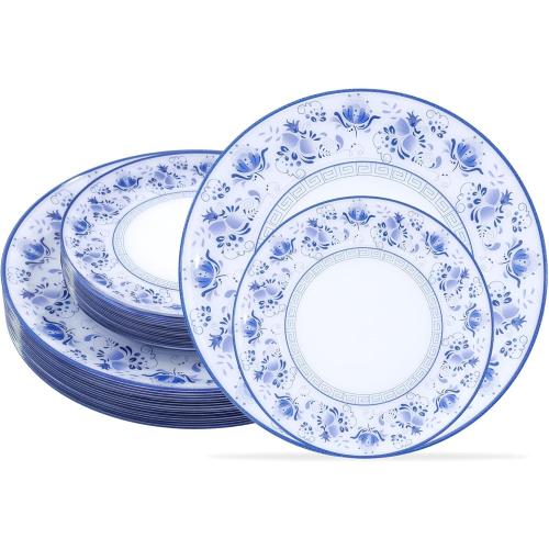 WONDERFUL 32pcs Blue Plastic Plates Blue and White Fancy Disposable Plates Floral Decorative Plate Disposable Heavy Duty for High-End Party Retro Decor