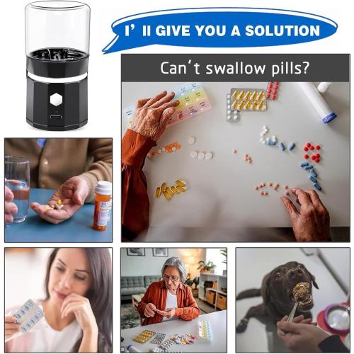 Portable Cordless Electric Pill Crusher, Pill Crusher Grinder Fine Powder, Grind and Pulverize Multiple Pills & Vitamins Extremely Fine for Elderly, Suitable for Travel, Home, Workplace (Black)