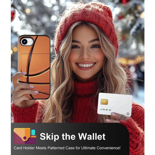 Compatible for iPhone 16e Case with Card Holder Cute - Kawaii Design Military-Grade Drop Protection Rugged Wallet Cases for Women (Black Basketball Sports)