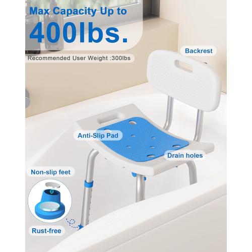 HOMLAND Shower Chair for Inside Shower with Removable Back, 400 lbs Heavy Duty Bath Seat for Bathtub, Safety Bath Stool for Seniors and Disabled