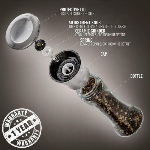 HOME EC Original Stainless Steel Salt or Pepper Grinder 1pk - Adjustable Ceramic Sea Salt Grinder or Pepper Mill - Tall Glass Spice Shaker - Spice Mill w/EBook
