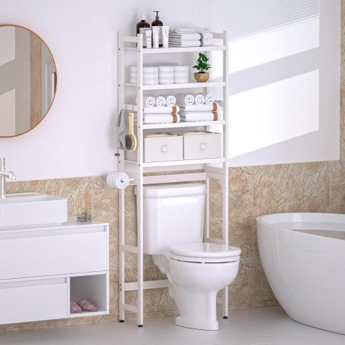 Over The Toilet Storage with 2 Baskets, 4-Tier Bamboo Organizer Rack with Paper Holder & 4 Hooks & Waterproof Feet Pad,Freestanding Shelf for Bathroom(White)