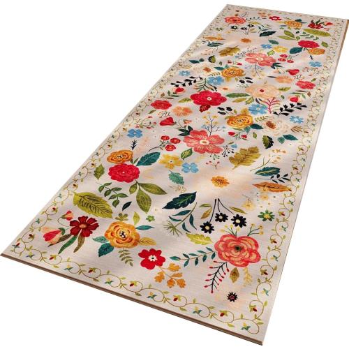 Floral Kitchen Runner Rug, 24 x 72 inches, Low Pile Cotton Blend, Water Resistant, Beige