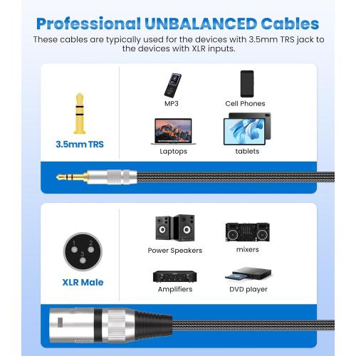 Tisino 3.5mm to XLR Cable Unbalanced Mini Jack 1/8 inch to XLR Male Adapter Microphone Cord- 1.6ft/50cm