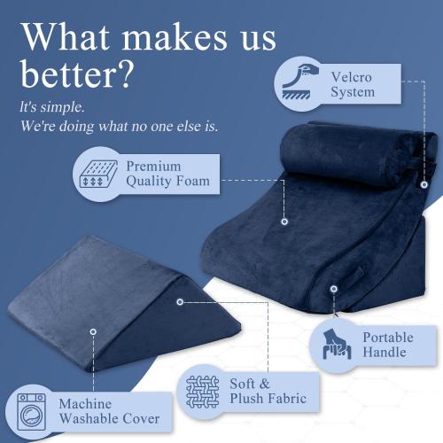 Axelrod 4PCS Orthopedic Bed Wedge Pillow Set, Post Surgery Foam for Back, Neck and Leg Pain Relief Comfortable & Adjustable Pillows- Anti Snoring, Heartburn, Acid Reflux & GERD Sleeping Dark Blue