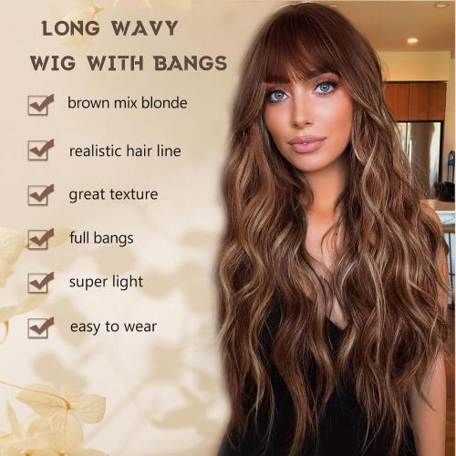 Brown Mix Blonde Wig with Bangs for Women Long Brown Highlights Wavy Wigs 26 Inch Brown Wigs Natural Looking Heat Resistant Synthetic Wig for Daily Party Use