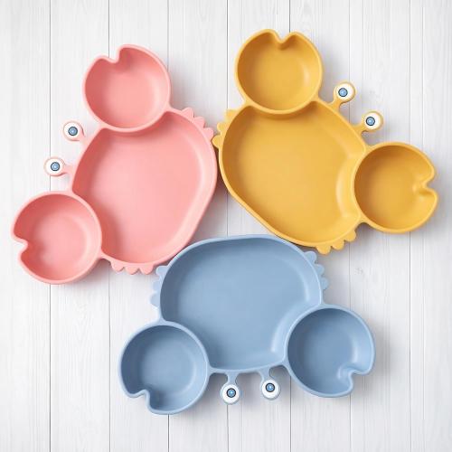 Suction Plates for Baby, Silicone Plates with Suction Divided, Baby Spoon Fork Set for Toddler Baby Dishes Kids Utensils-Crab Dusty Blue