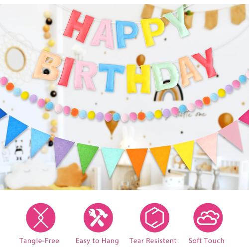 CANREVEL Pre-Strung 3D Happy Birthday Banner, 3 PCS Happy Birthday Felt Garland, Pom Pom Garland, Triangle Fabric Garland Bunting, Reusable Birthday Decorations for Women Men Girls Boys, Pastel