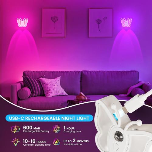 LOFTEK Rechargeable Motion Sensor Light, RGB Color Change& Dimmable Night Light, Cute Butterfly Light for Kid's Bedroom, Bathroom, Hallway, Tent & Stairs - Ideal Home Decor & Gift, Purple of 4