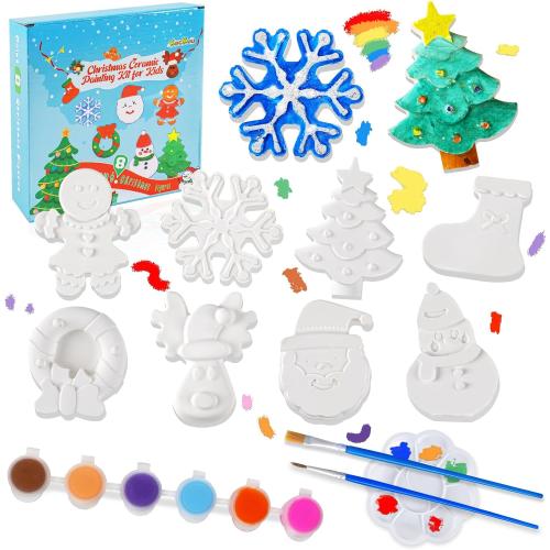 kockuu Christmas Ceramics to Paint for Kids Christmas Crafts Paint Your Own Ceramics Painting Kit, 8Pcs Ceramic Figures with Brushes for Toddlers Kids DIY Crafts Xmas Birthday Activity Gifts