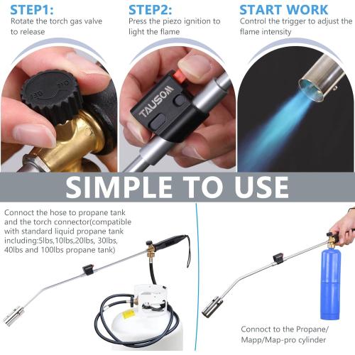 Propane Torch Weed Burner Kit, 360,000 BTU Blow Torch with 10Ft Hose, Self Igniter Grill Torch for Weeding, Roof Asphalt, Melting Snow, Road Marking, Barbeque.             ***Tank Not Included****