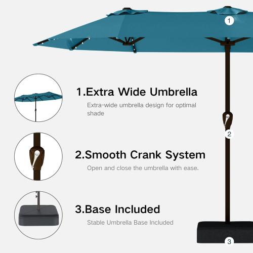 Kingdura 15ft Large Patio Umbrella with Solar Lights, Double-Sided Rectangle Outdoor Table Umbrella with Base Included, 12 Reinforced Ribs, 48 Led Lights, Crank Lift for Market Pool Deck, Lake blue