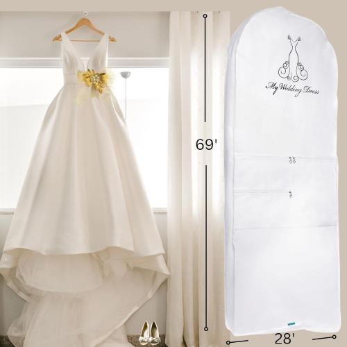 White Garment Bag for Wedding Dress-Bridal Cover for Your Long Evening Gown Perfect for Storage & Travel Easy Access Zipper & Gusset 3 Pockets for Accessories including Shoe Bag