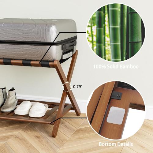 Fully Assembled Walnut Bamboo Luggage Rack with Shoe Shelf, Folding Suitcase Stand with 5 Heavy-Duty Straps, Large Wooden Luggage Holders for Guest Room, Ideal for Bedroom, Hotel