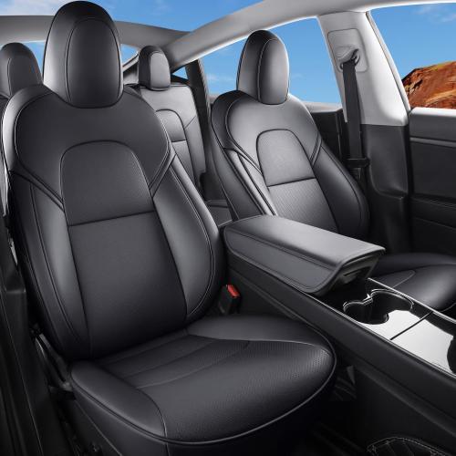 Tesla Model Y Car Seat Covers Nappa Leather Car Interior Seat Airbag Compatible Cushion Cover Full Set Custom Fit 2024 2023 2022 2021 2020, Nappa Black
