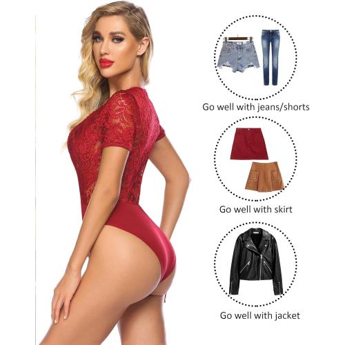Size M Avidlove Women Lace Bodysuit Lingerie Tops Sexy Deep V Bodysuit Tops One Piece Body Suit Short Sleeve