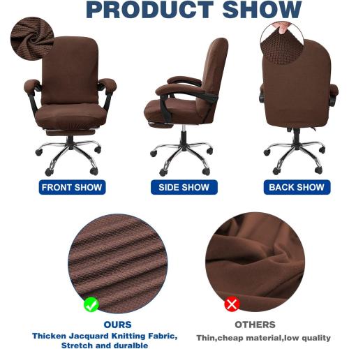 NeColorLife Stretchable Office Chair Cover with Armrest Covers – High-Back Desk Chair Slipcover, Checked Jacquard Fabric, Washable (Large Size, Coffee)