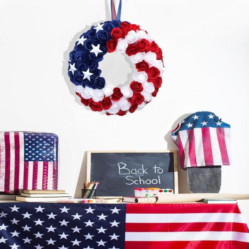 Silk Roses 4th of July Wreath, Red White Blue Patriotic Wreaths for Front Door, Memorial & Independence Day Decorations, Americana Decor for Front Porch Wall Window Indoor Outdoor (13”)