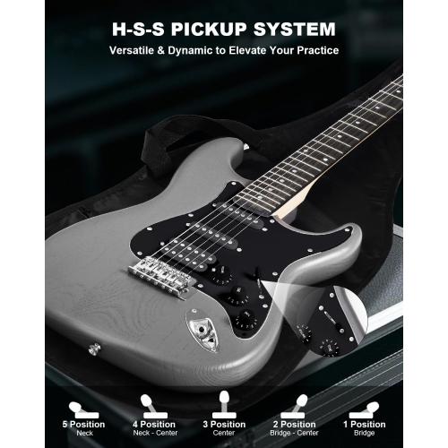 RST-150 39 Beginner Electric Guitar Kit with Amp & HSS Pickups | Complete Starter Set for Newcomers w/Essentials | Gig Bag, Extra Strings, Digital Tuner, Capo, Strap | Home Practice (Black)