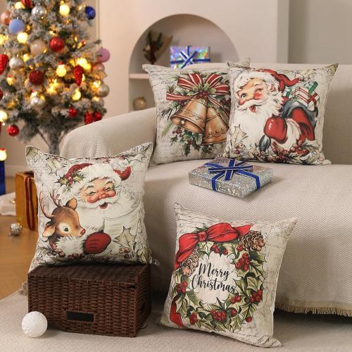 DFXSZ Christmas Pillow Covers 18x18 inch Set of 4 Santa Claus Reindeer Decorative Vintage Throw Pillow Covers Winter Retro Farmhouse Decoration for Home Couch BTHZ-140B18