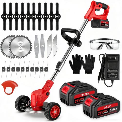 Cordless Weed Wacker with Wheels, 880W Electric Weed Eater Battery Powered with 2 x 21V Batteries, 3-in-1 Grass Trimmer/Brush Cutter with 5 Types Blades for Lawn, Yard & Garden