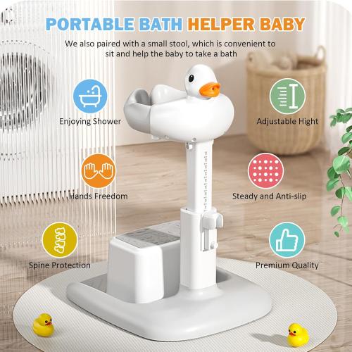 Adjustable Height Baby Shower Stand with Anti-Slip Base, Bath Shower Standing Support, Portable Bath Helper