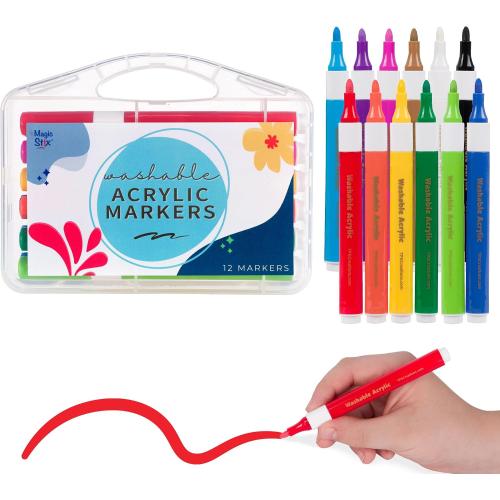 The Pencil Grip Magic Stix Washable Acrylic Markers for Kids and Teens, 12 Non-Toxic Colors, Allergen-Free, Vibrant Paint Pens for Crafting and DIY