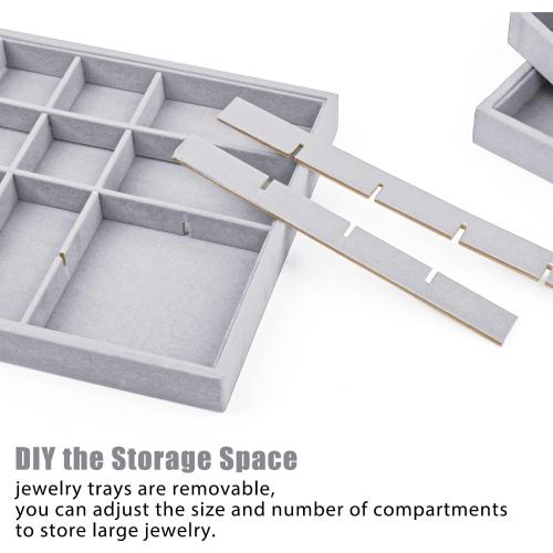 Grey 4 Pack Lainrrew Jewelry Tray, 4 Pack Jewelry Organizer Velvet Jewelry Tray Stackable Jewelry Trays, Necklace & Earring Holder, Divided Bracelet & Ring Storage- Elegant Display Case (Gray)