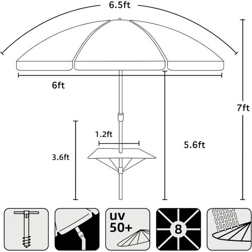 AMMSUN Beach Umbrella With Sand Anchor & Table Tray, 6.5ft Portable Heavy Duty Sun Outdoor Umbrella, UV 50  Protection, Carry Bag for Patio, Pool and Garden, Blue