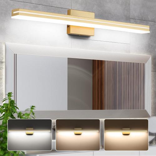 SineRise LED Modern Bathroom Vanity Light Fixtures (32-Inch, 3000K/4000K/6000K, Dimmable), Gold Modern Acrylic Bathroom Wall Lighting Fixtures Over Mirror