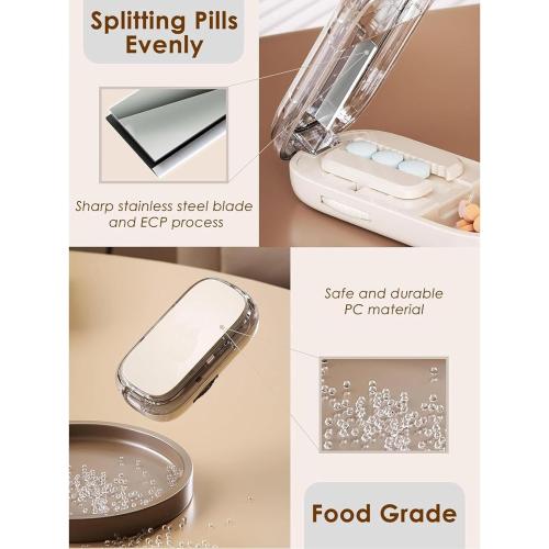 Pill Cutter for Cutting Multiple, 1/2 1/4 Pill Splitter for Large, Small and Tiny Pills, Portable Pills Cutter,Storage Organizer, Accurate Centering Alignment Device (White)