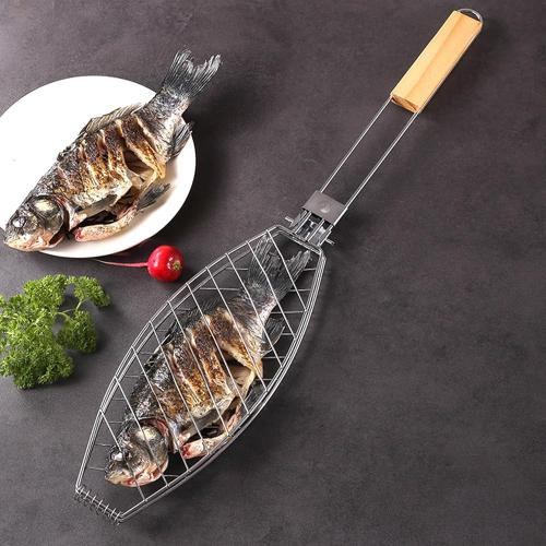 Fish Grilling Basket Fish Holder Kabob Salmon Shrimp Seafood Cage Rack with Oil Brushes