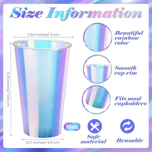 100 Pcs Iridescent Plastic Cups Rainbow Cups Holographic Party Clear Glitter Shiny Plastic Tumblers for Wedding Birthday Bachelorette Mermaid Party(16 oz)