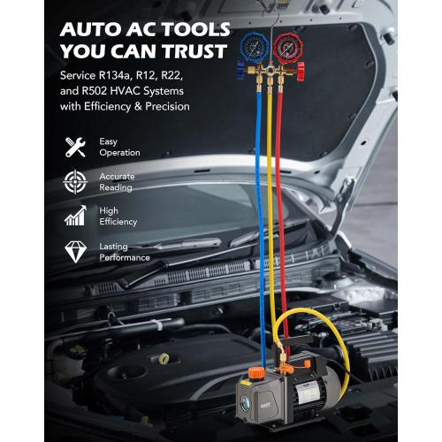 Orion Motor Tech AC Vacuum Pump and Gauge Set, 1/3 hp 4 cfm Vacuum Pump Manifold Gauge Kit with Leak Detector 3 Hoses & Accessories for R134a R12 R22 R502, A/C Vacuum Pump Kit for Auto HVAC Systems