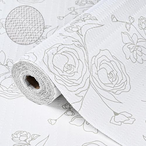 Shelf Drawer Liner for Kitchen Cabinets Non-Adhesive Shelf Liner Paper Non-Slip Strong Grip Drawer Liner Cabinet Liners Thickened Easy to Clean for Tool Box Pantry (Flower, 12In x 10FT), Gray