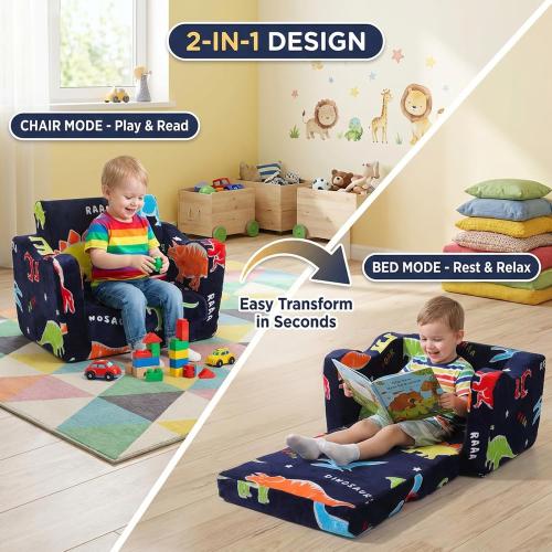 Toddler Couch, Glow in the Dark Dinosaur Kids Couch, 2-in-1 Foldable Flip Open Kids Sofa Chair for Reading, Playtime and Playroom, Gift for Boys and Girls