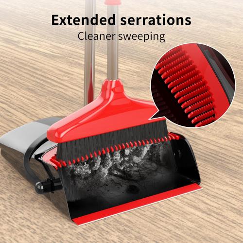 Broom with Dustpan Combo Set 54 Long Handle Adjustable Length Stainless Steel Broomstick Standing Dust Pan and Broom Set for Office Home Kitchen Lobby Floor Cleaning (Red and Black)