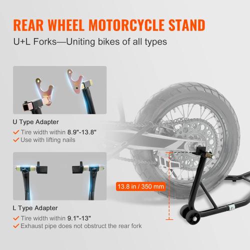 vevor Motorcycle Stand Lift 850lbs Front Rear Combo Stand Lift Stand Front Wheel Fork Stand Rear U L Fork Swingarm Spool Stand Compatible with Most Yamaha Honda Kawasaki Suzuki Motorcycles Black