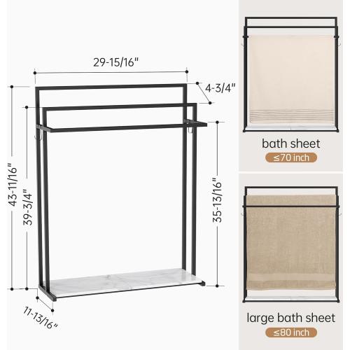 KES 44” Extra Large Free Standing Towel Racks for Bathroom, 3 Tiers Blanket Rack, Blanket Holder for Living Room with Weighted Marble Shelf & 4 Hooks, Black, BTH504-BK