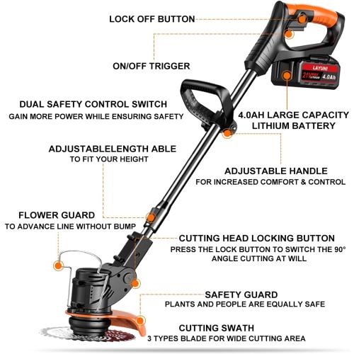 Electric Weed Wacker Cordless Weed Eater Battery Powered with 5 Types Blade, 3 in 1 Cordless Grass Trimmer/Brush Cutter with 2X 21V 4.0Ah Batteries for Lawn, Garden