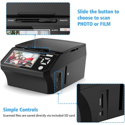 Photo,NameCard,Slide & Negative Scanner with Large 5 LCD Screen,Film and Slide Digitizer-Convert 35mm,110 Film/Photo(3R,4R,5R)/NameCard to 22MP Digital JPEG-8GB SD Card Included